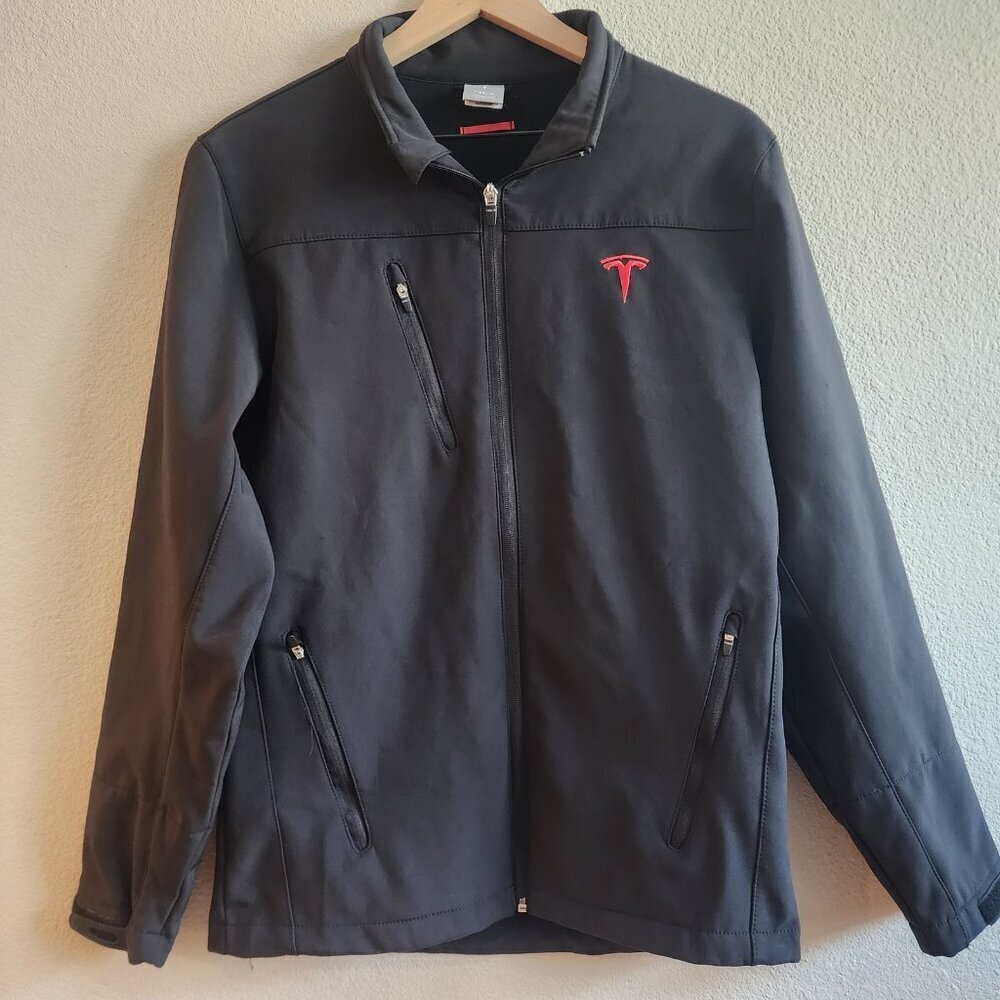 Tesla Jacket Mens Small Black Softshell Full Zip Performance Fleece Lined Logo